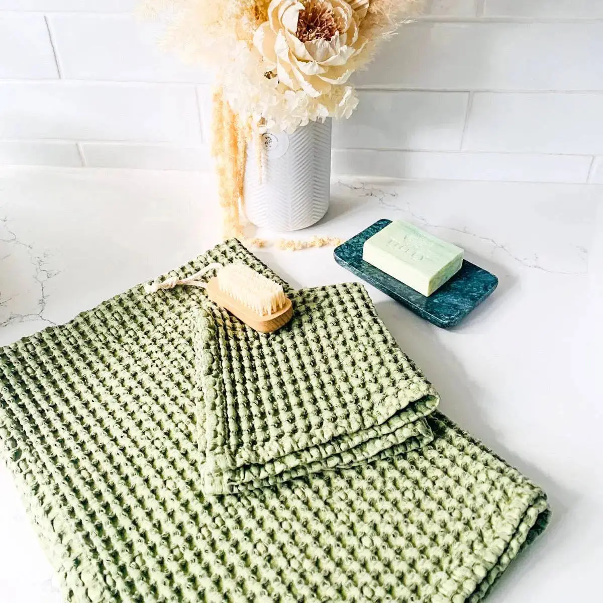 100% Organic Cotton Rustic Waffle Face Cloth – Light Olive - Image 2