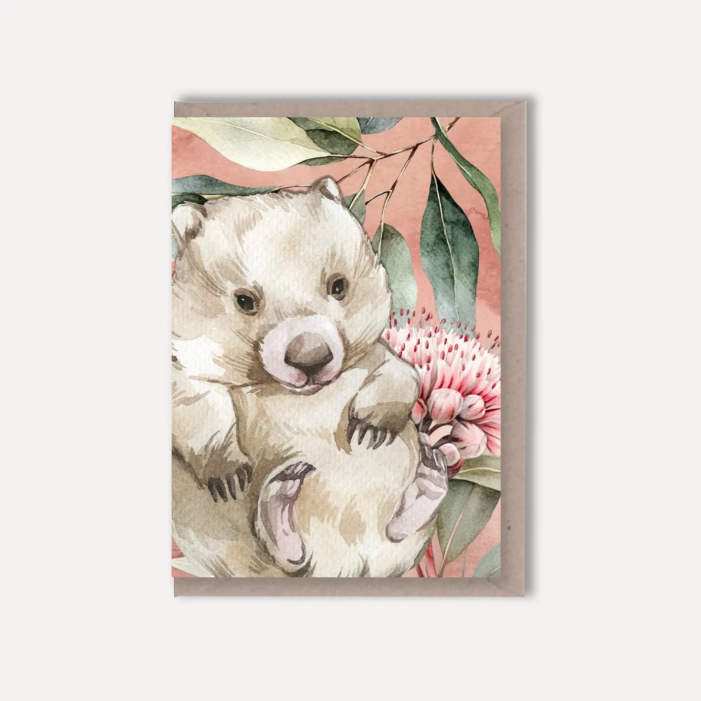 Australian Watercolour Wombat on Australian Flora – Greeting Card