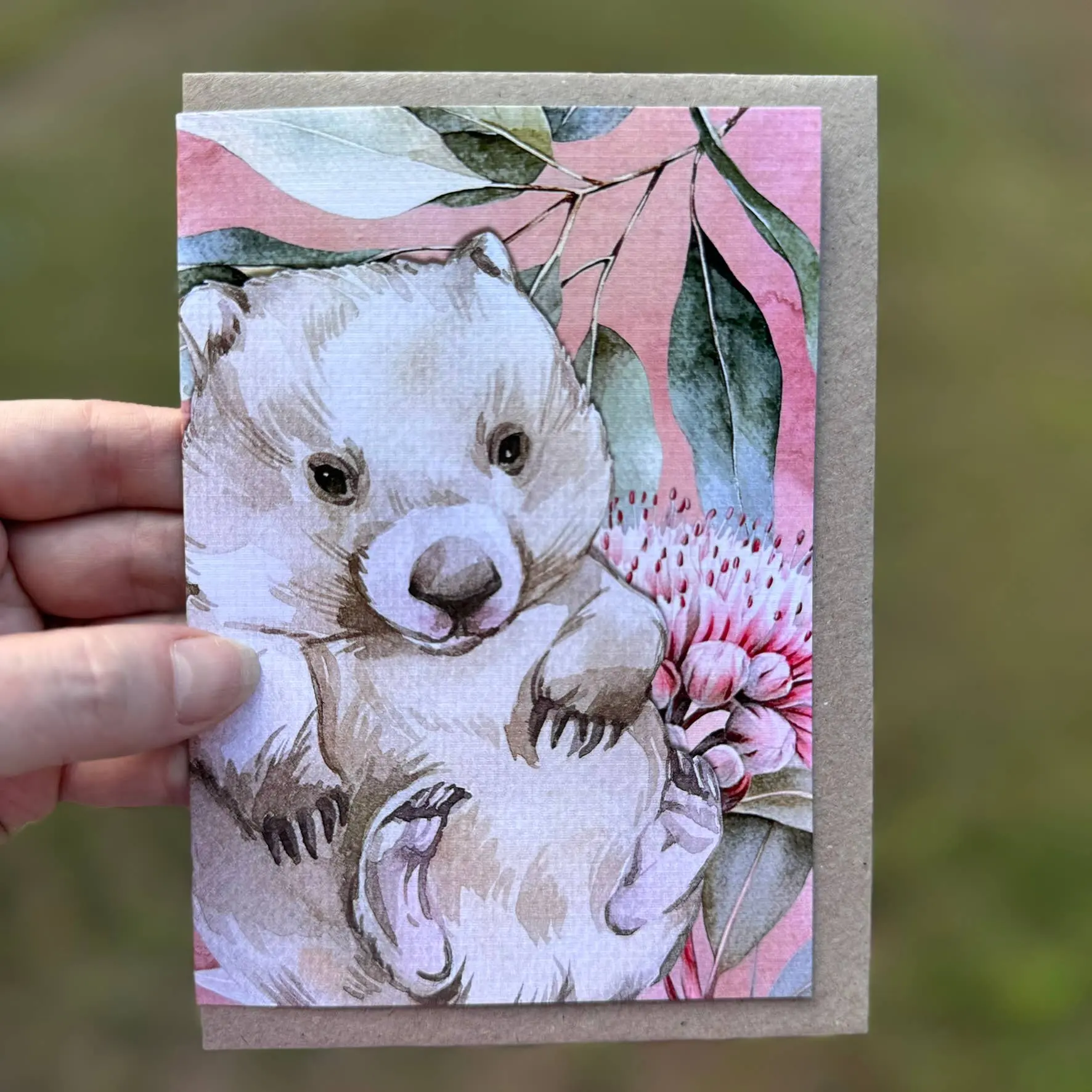 Australian Watercolour Wombat on Australian Flora – Greeting Card - Image 2