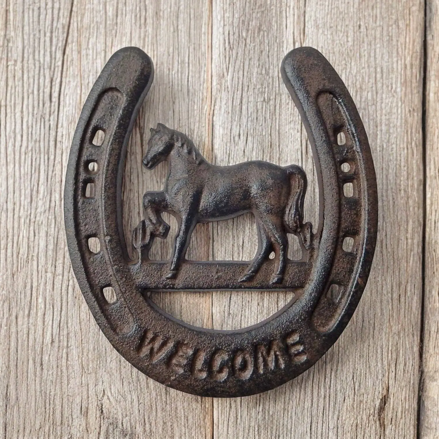 Cast Iron Horseshoe with Horse & Welcome – Western Door Decor - Image 2