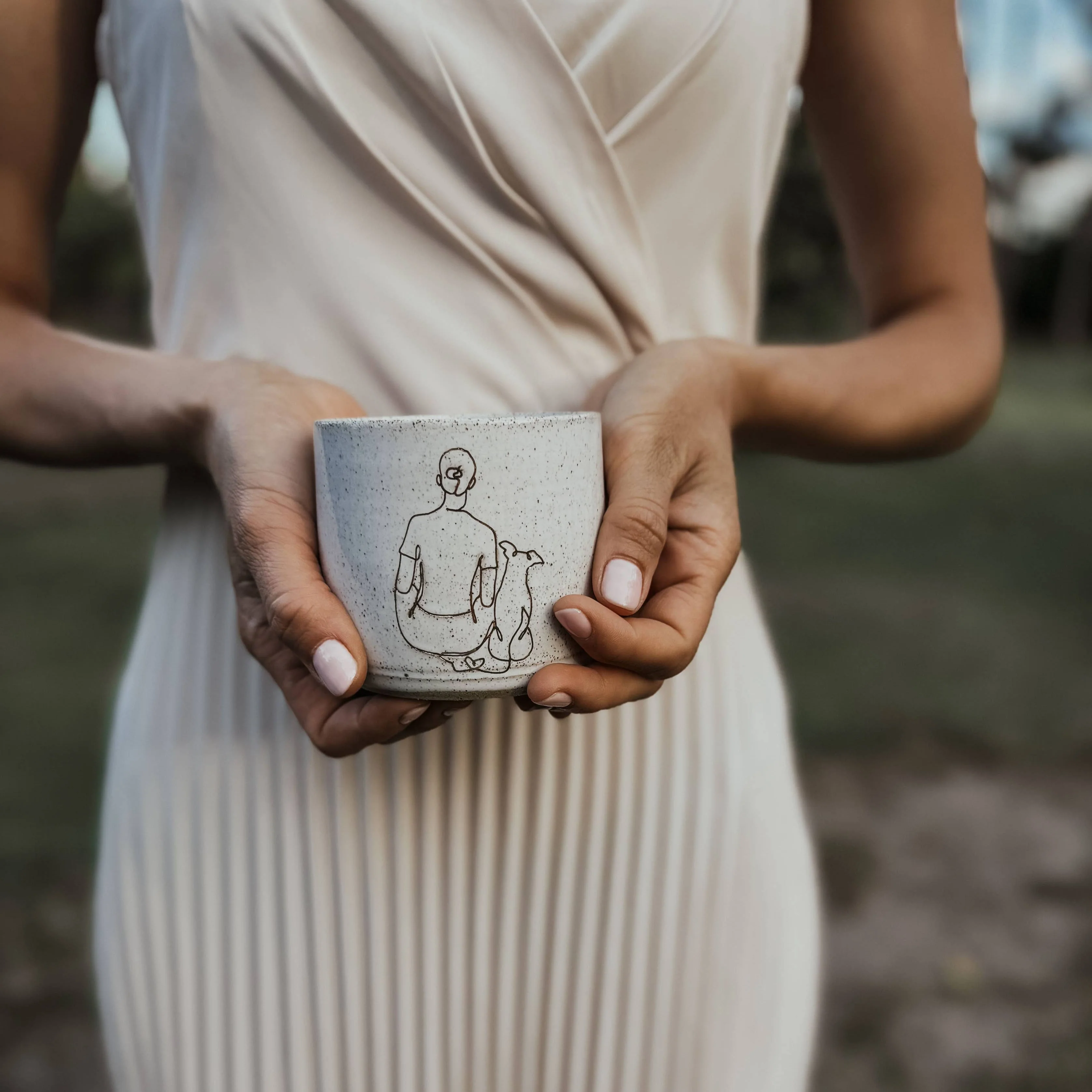 Girl Sitting with Small Dog - Handmade Ceramic Mug - Right Handed Design