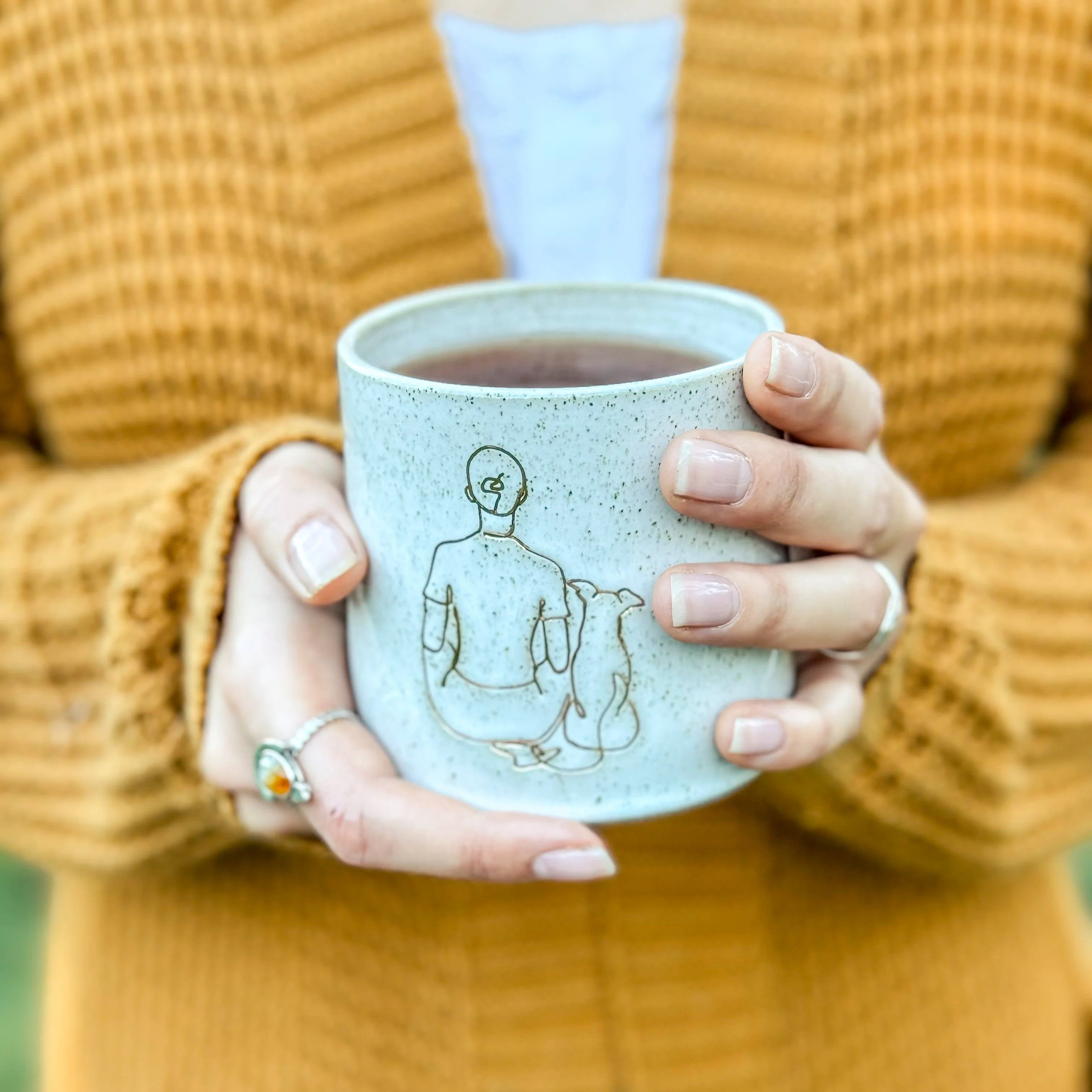 Girl Sitting with Small Dog - Handmade Ceramic Mug - Right Handed Design - Image 2