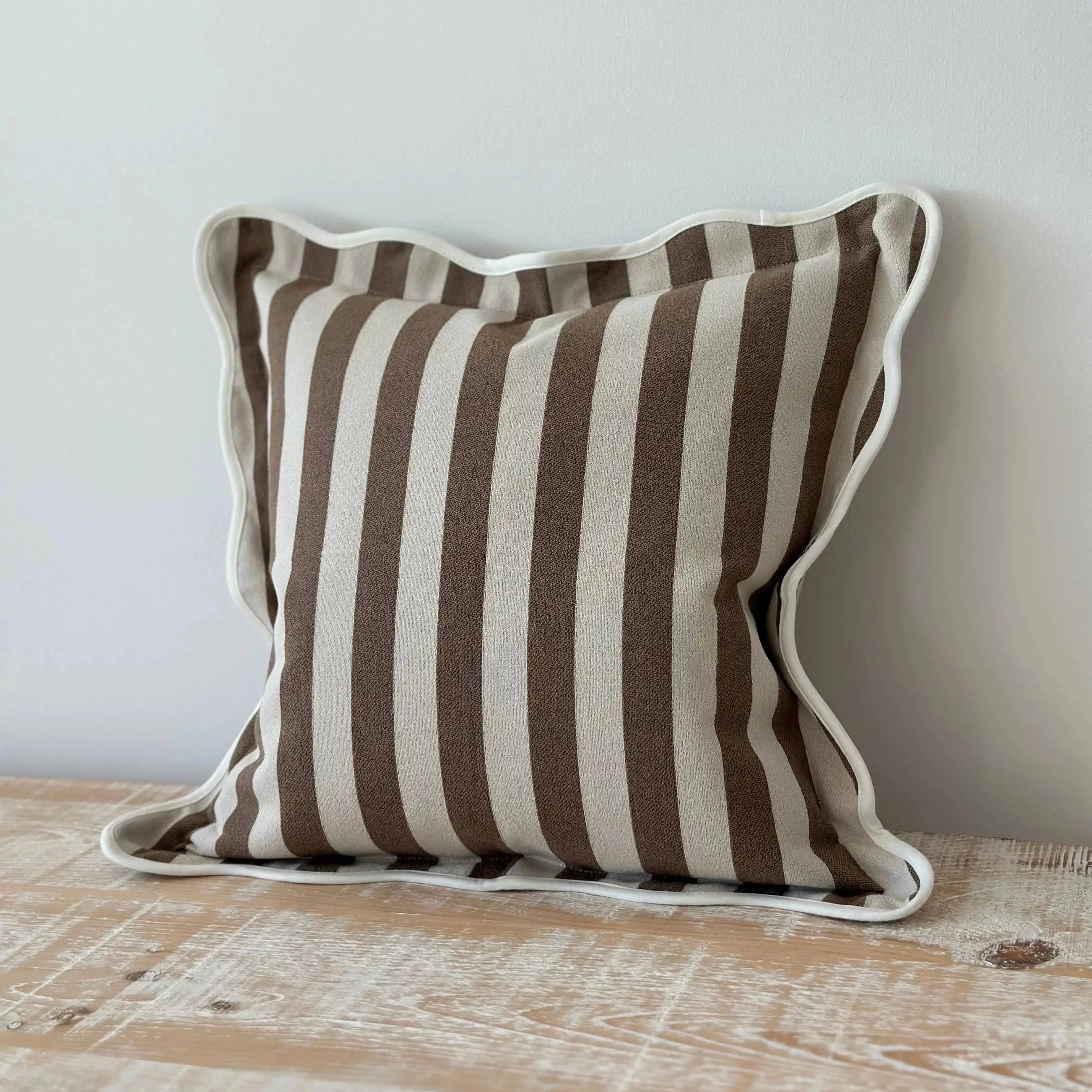 Chloe Brown/Coffee Stripe Scalloped Edge Cushion Cover - 45 x 45cm
