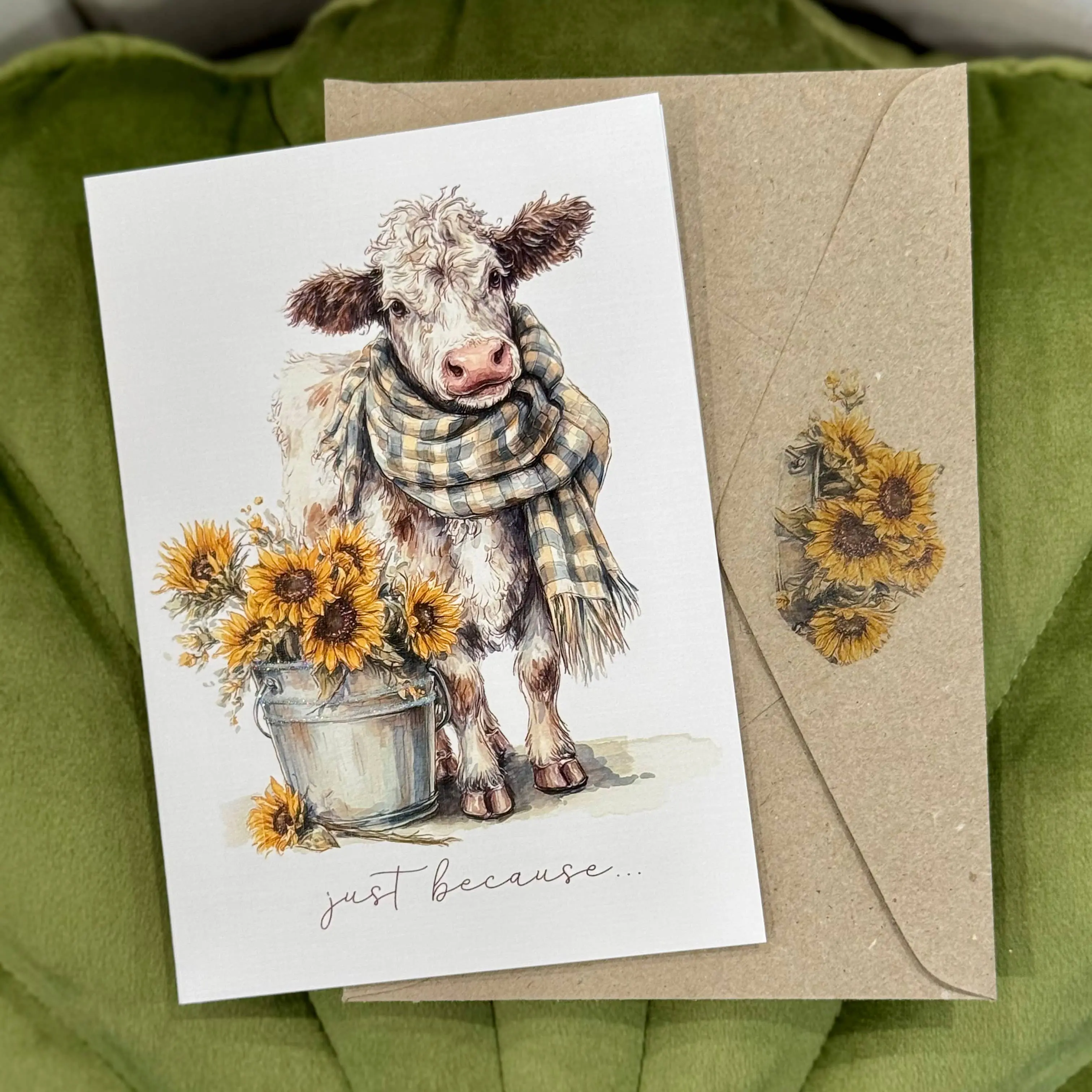 Cow & Sunflowers – "Just Because" Greeting Card - Image 2
