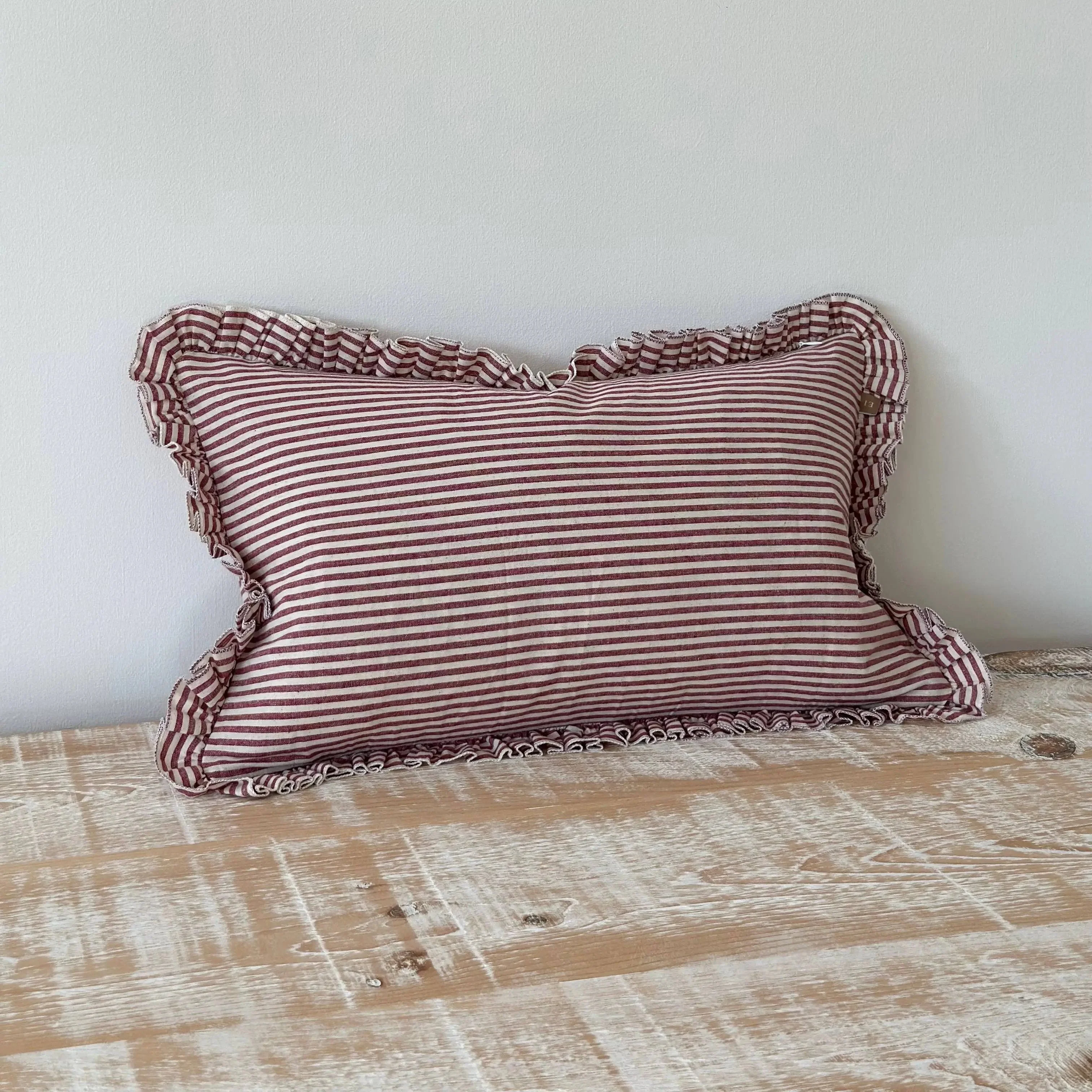 Darcy Ruffle Cotton Cushion Cover – Burgundy/Wine Stripe 50×30cm - Image 3