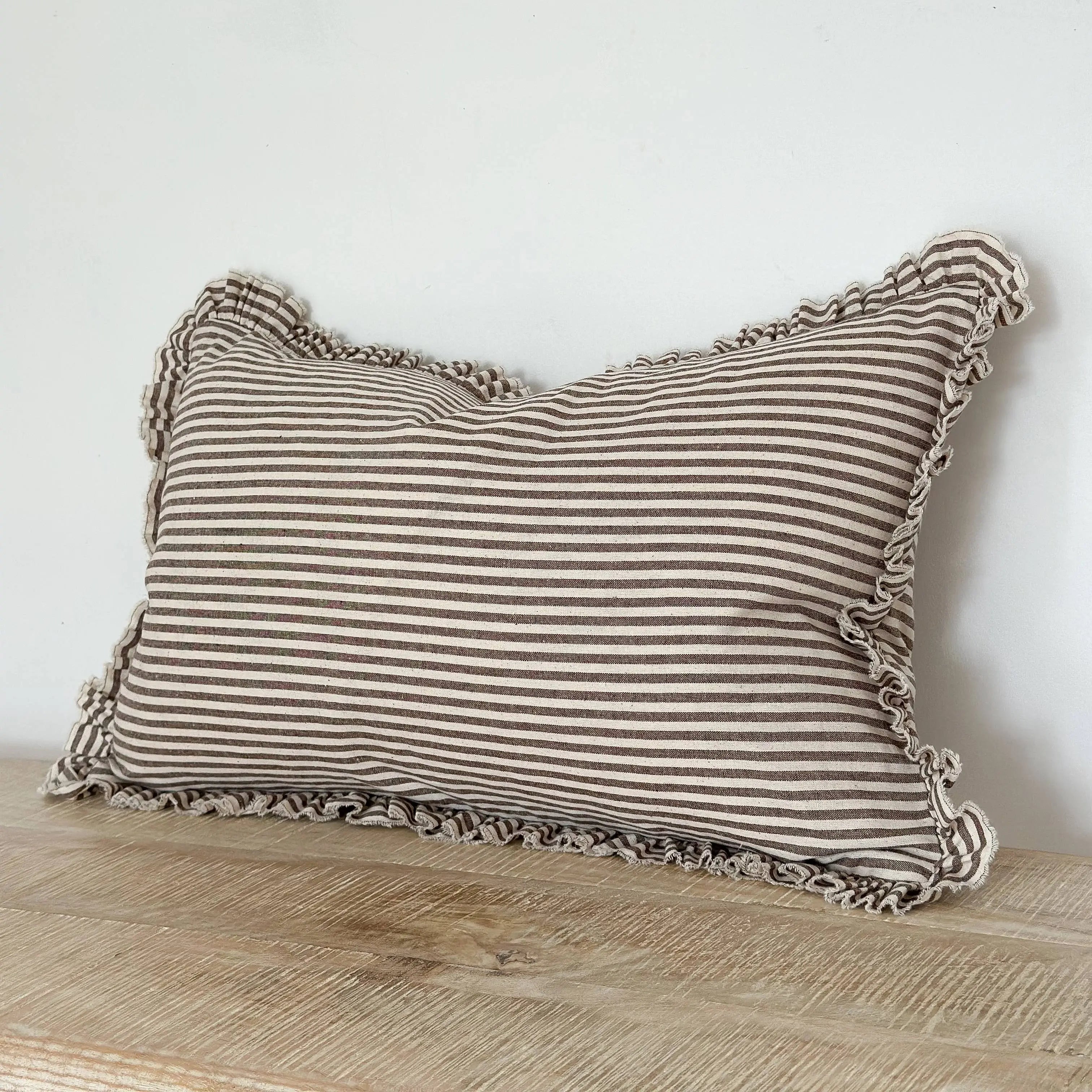 Darcy Ruffle Cotton Cushion Cover 50 × 30 – Dark Brown Stripe