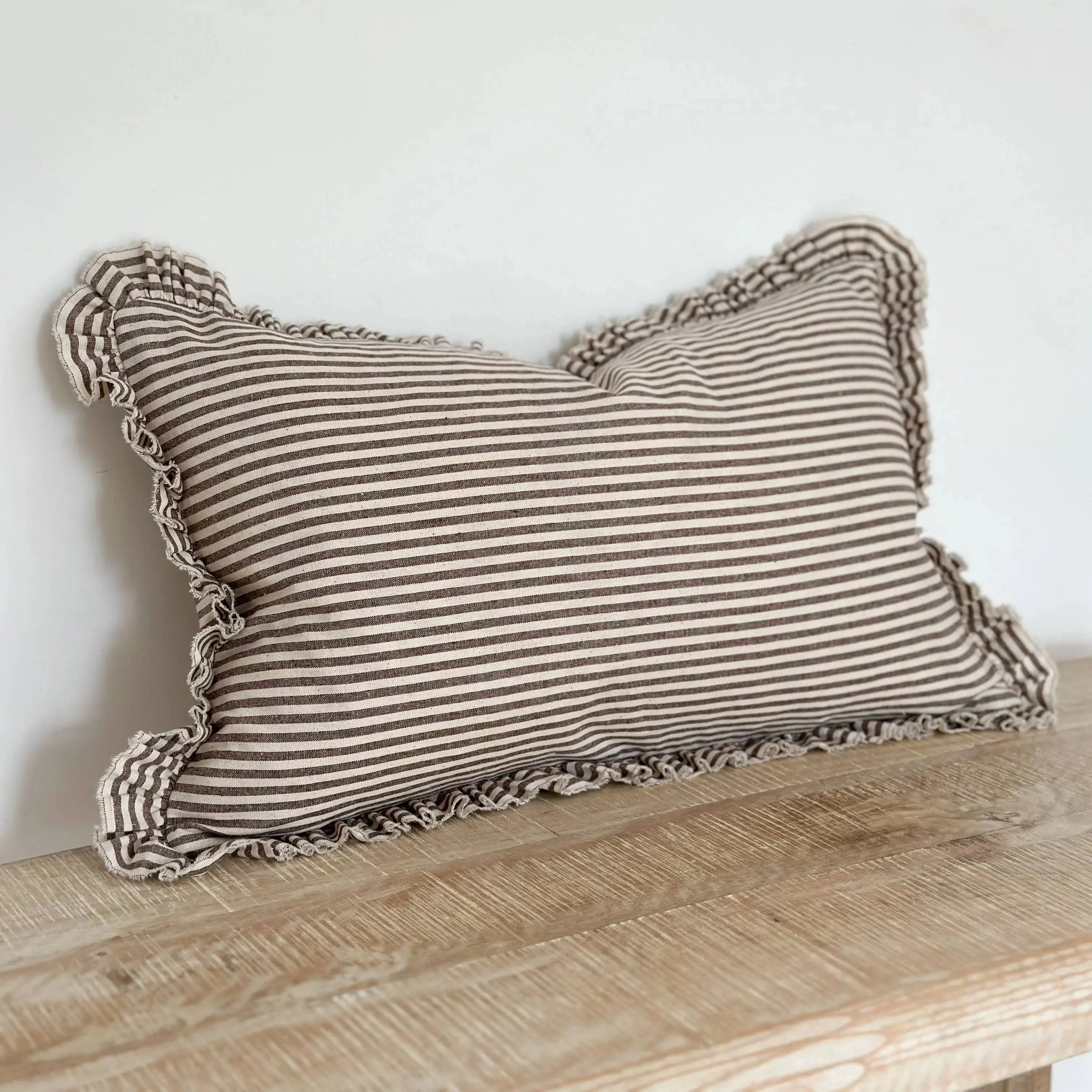 Darcy Ruffle Cotton Cushion Cover 50 × 30 – Dark Brown Stripe - Image 3