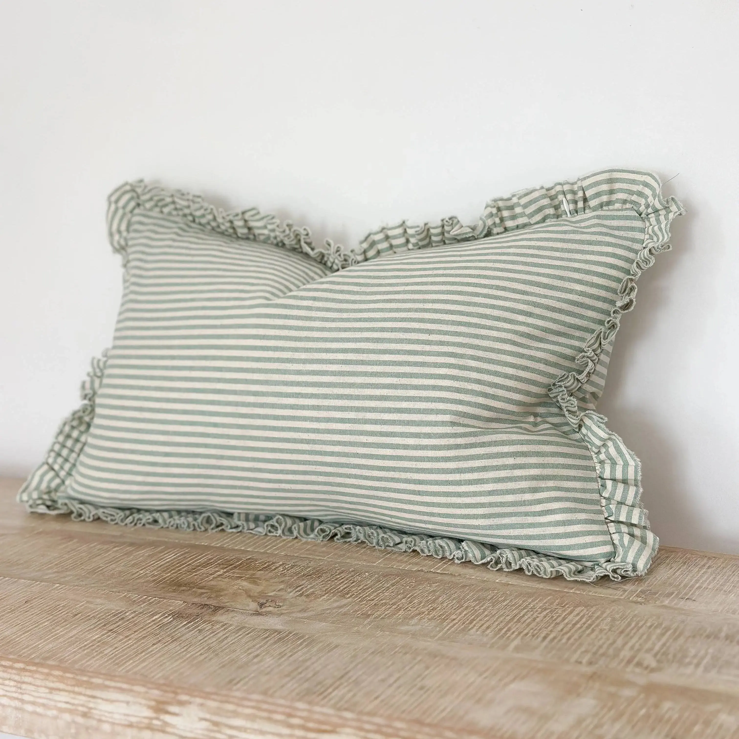 Darcy Ruffle Cotton Cushion Cover 50 × 30 – Sage/Mint Green Stripe