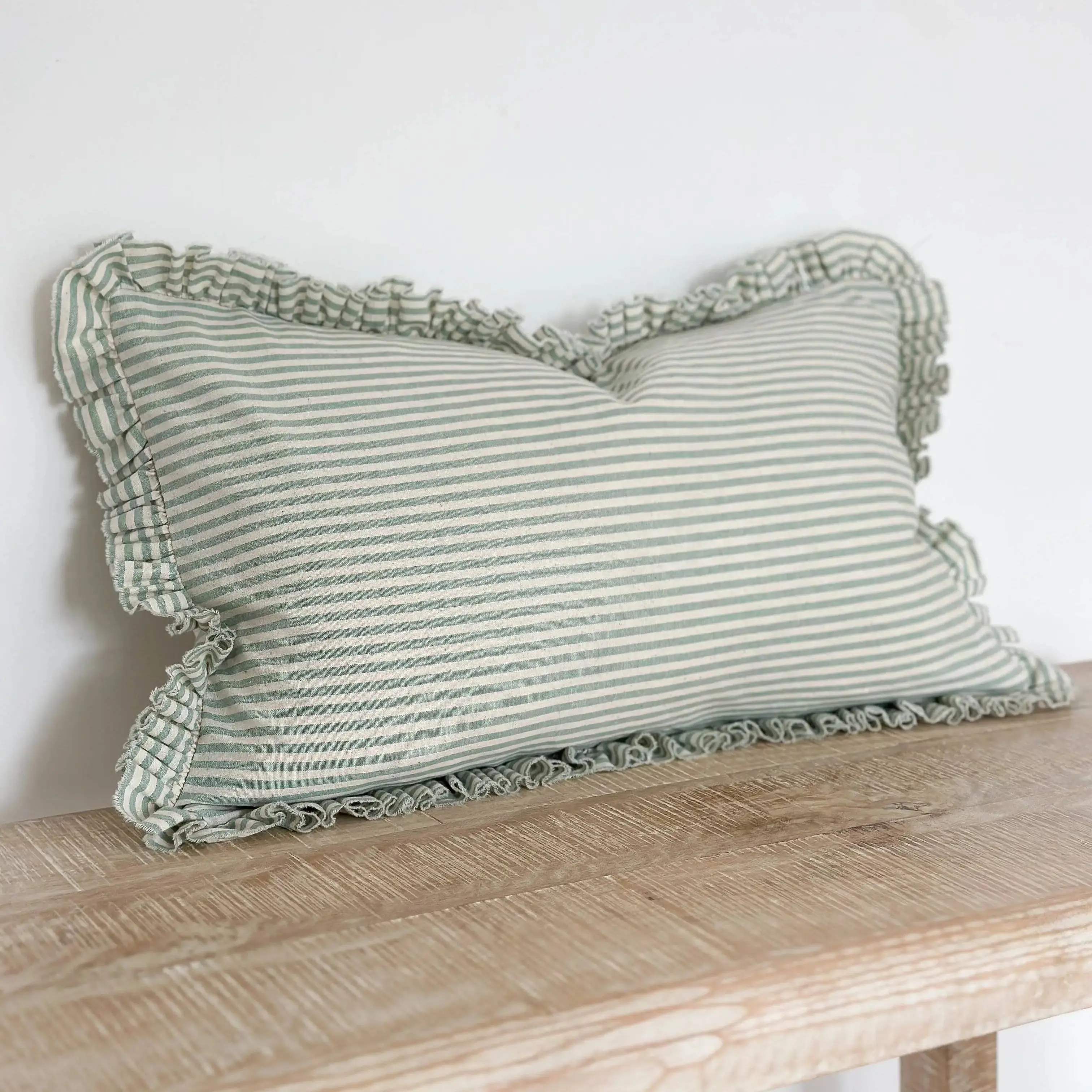 Darcy Ruffle Cotton Cushion Cover 50 × 30 – Sage/Mint Green Stripe - Image 4