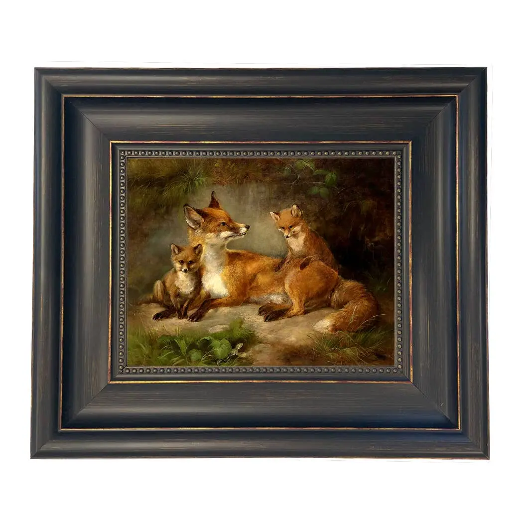 Family of Foxes – Vintage Painting Print on Canvas (Wide Distressed Black/Copper-Bead Frame) - Image 3
