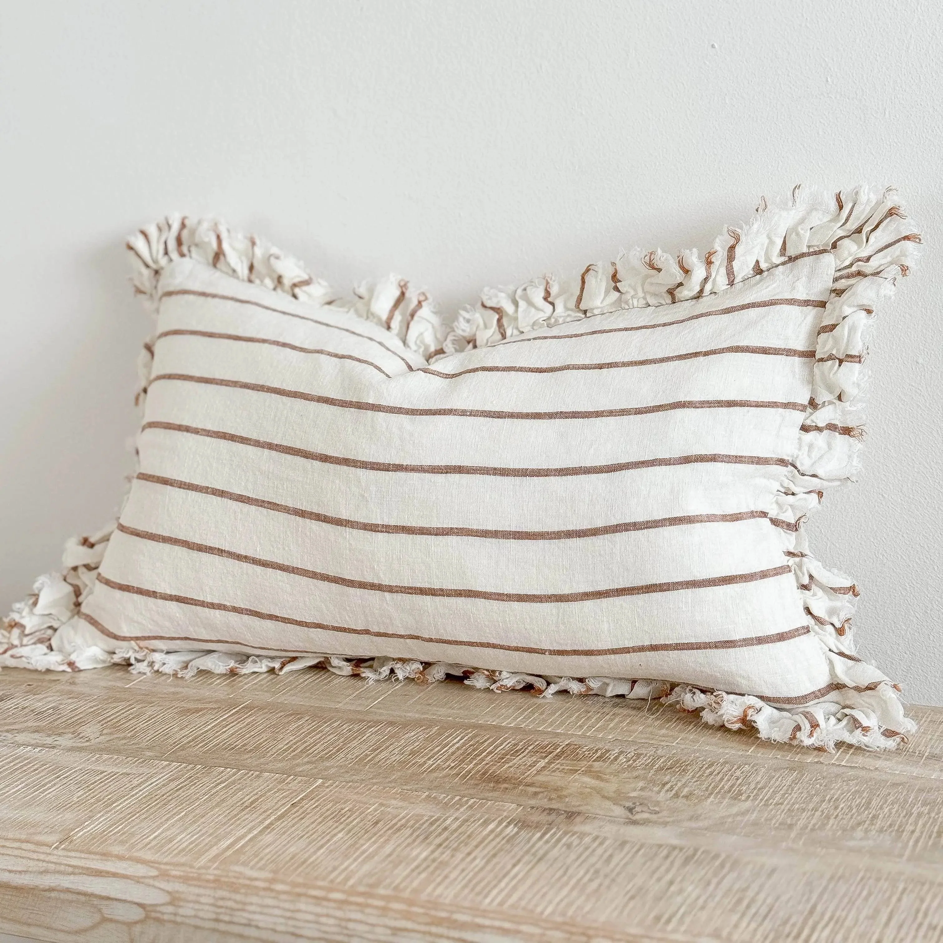Hallie Ruffled Linen Cushion Cover – Brown & Cream Stripe 50cm × 30 cm