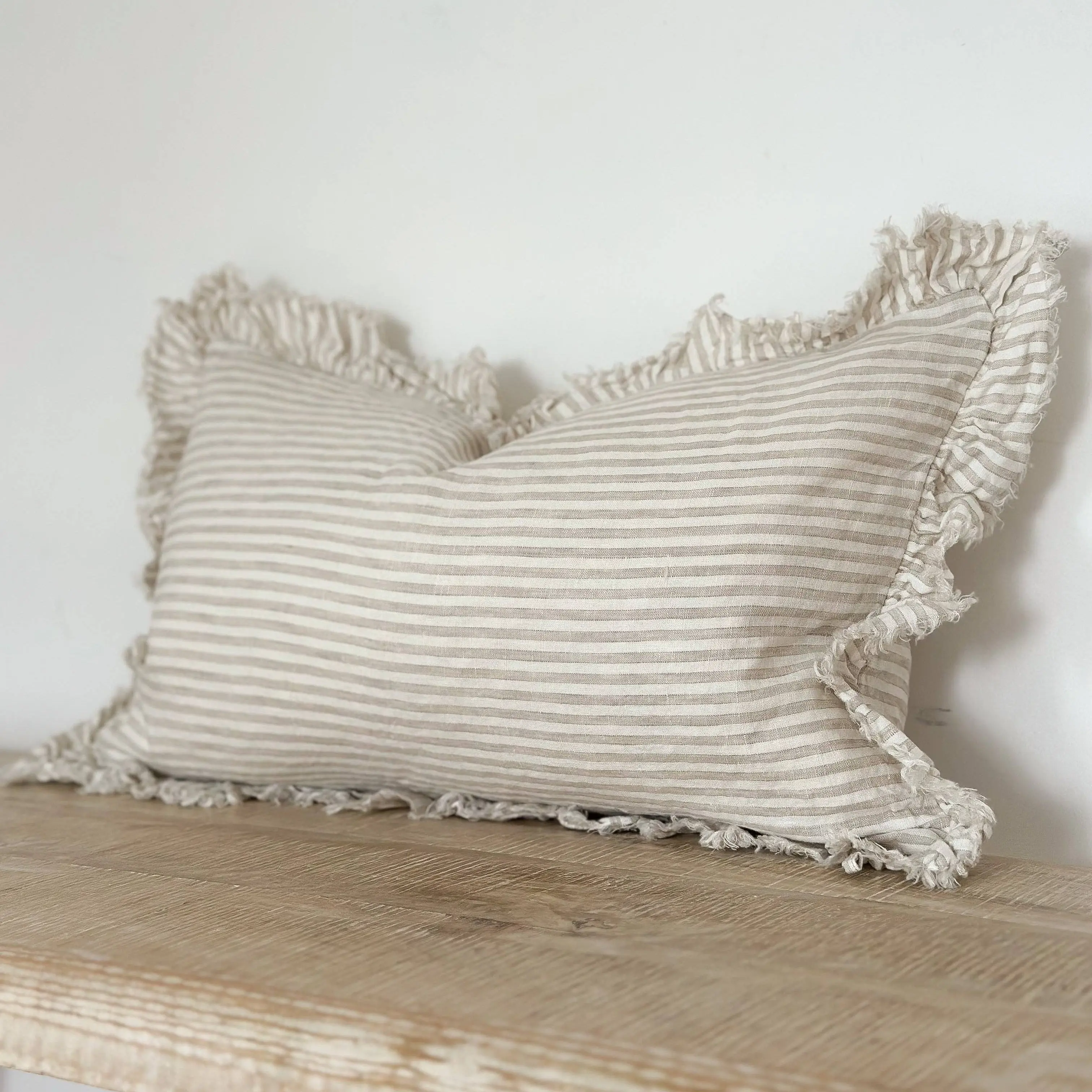 Hallie Ruffled Linen Cushion Cover – Natural Beige Stripe 50 x 30 cm