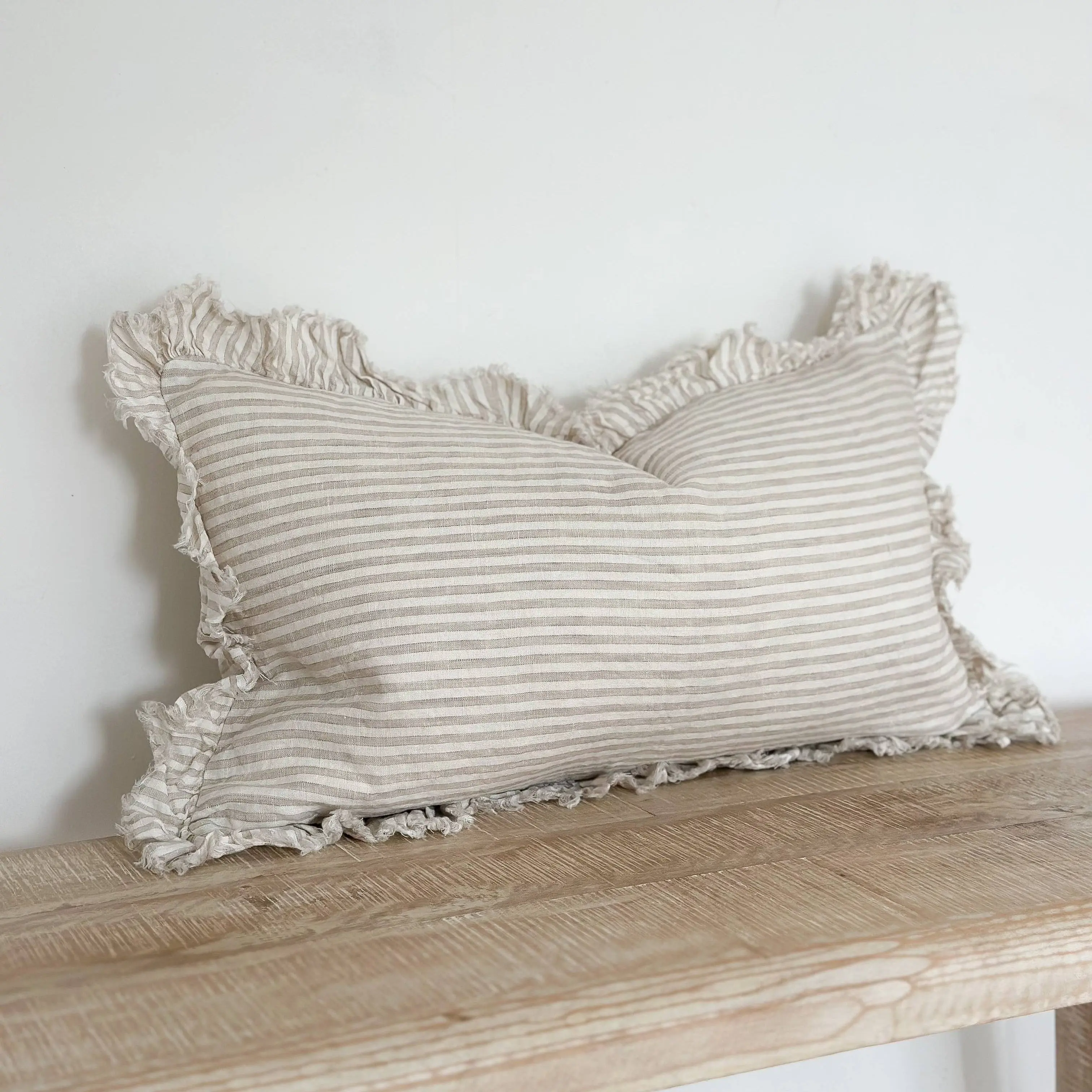 Hallie Ruffled Linen Cushion Cover – Natural Beige Stripe 50 x 30 cm - Image 3
