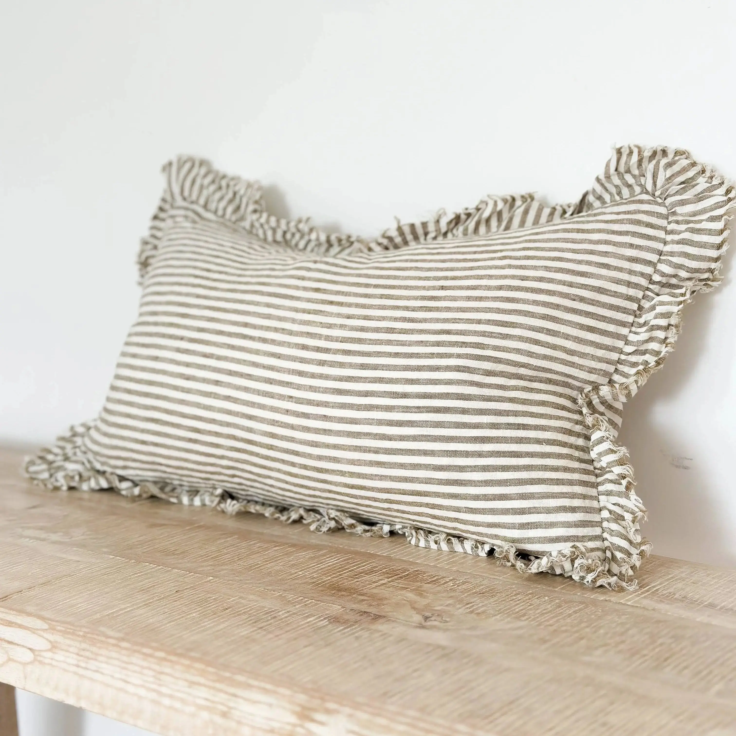 Hallie Ruffled Linen Cushion Cover - Olive Stripe 50 × 30 cm