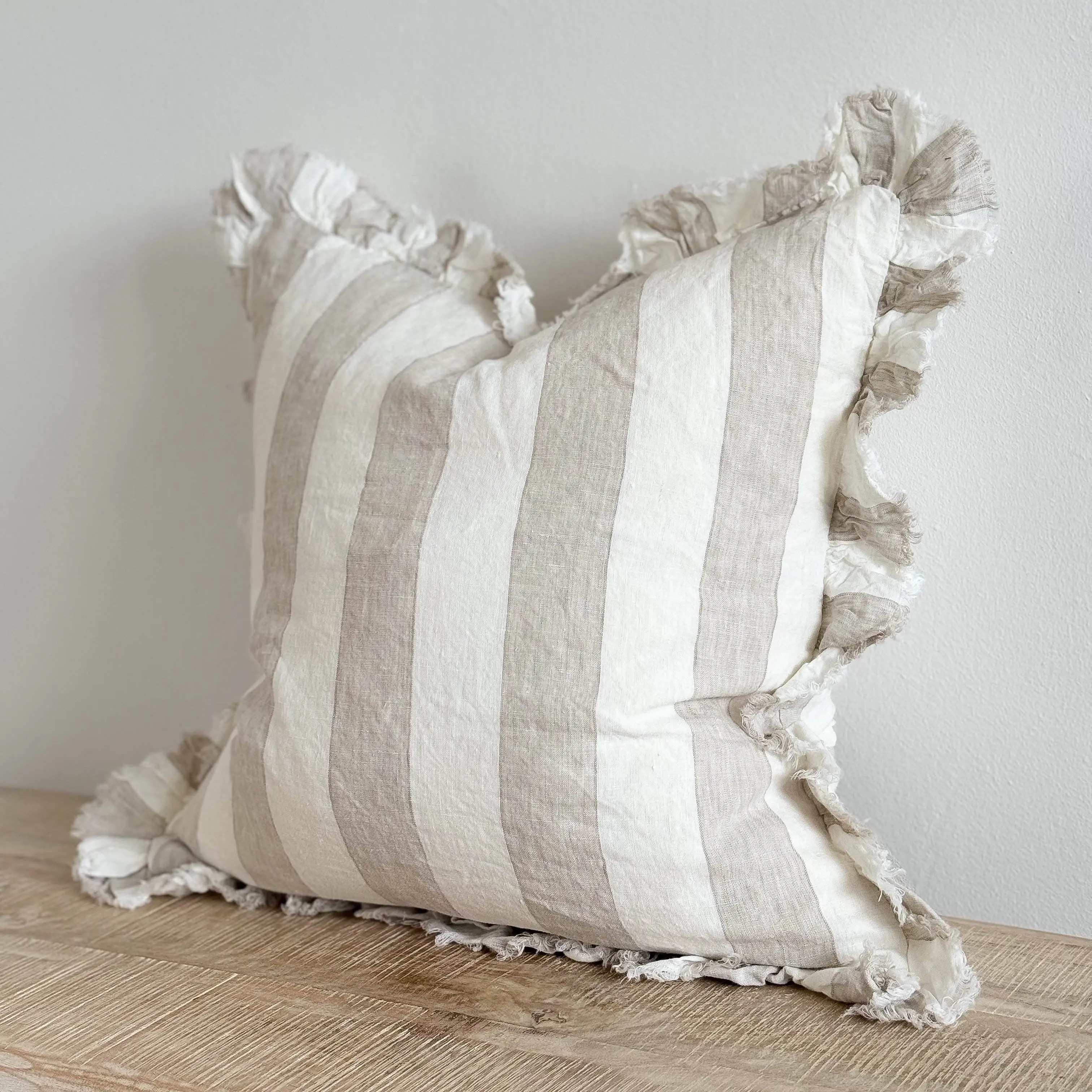 Hallie Ruffled Linen Cushion Cover – Beige & Cream Wide Stripe 45 x 45 cm