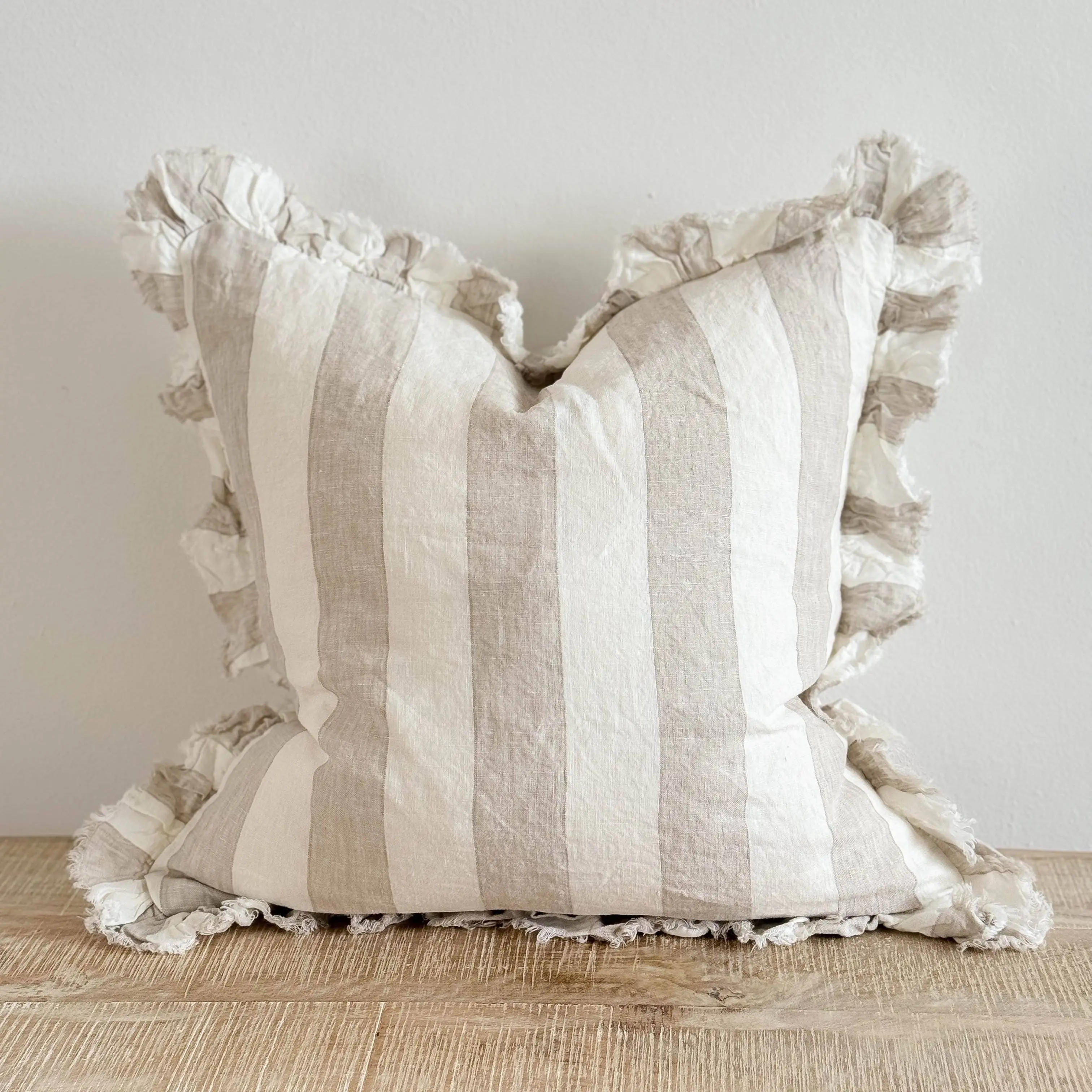 Hallie Ruffled Linen Cushion Cover – Beige & Cream Wide Stripe 45 x 45 cm - Image 2