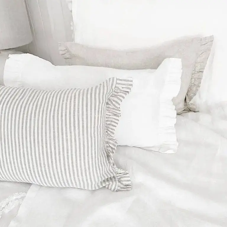 Linen Lumbar Cushion Cover with Ruffle Ends - Grey Stripe 30x50