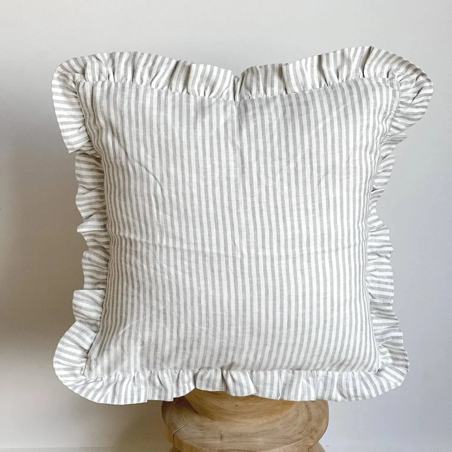 Pure Linen Ruffle Cushion Cover - Grey Stripe