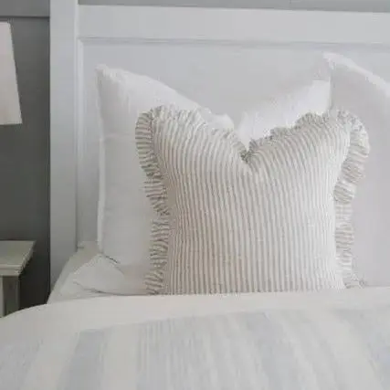 Pure Linen Ruffle Cushion Cover - Grey Stripe - Image 2