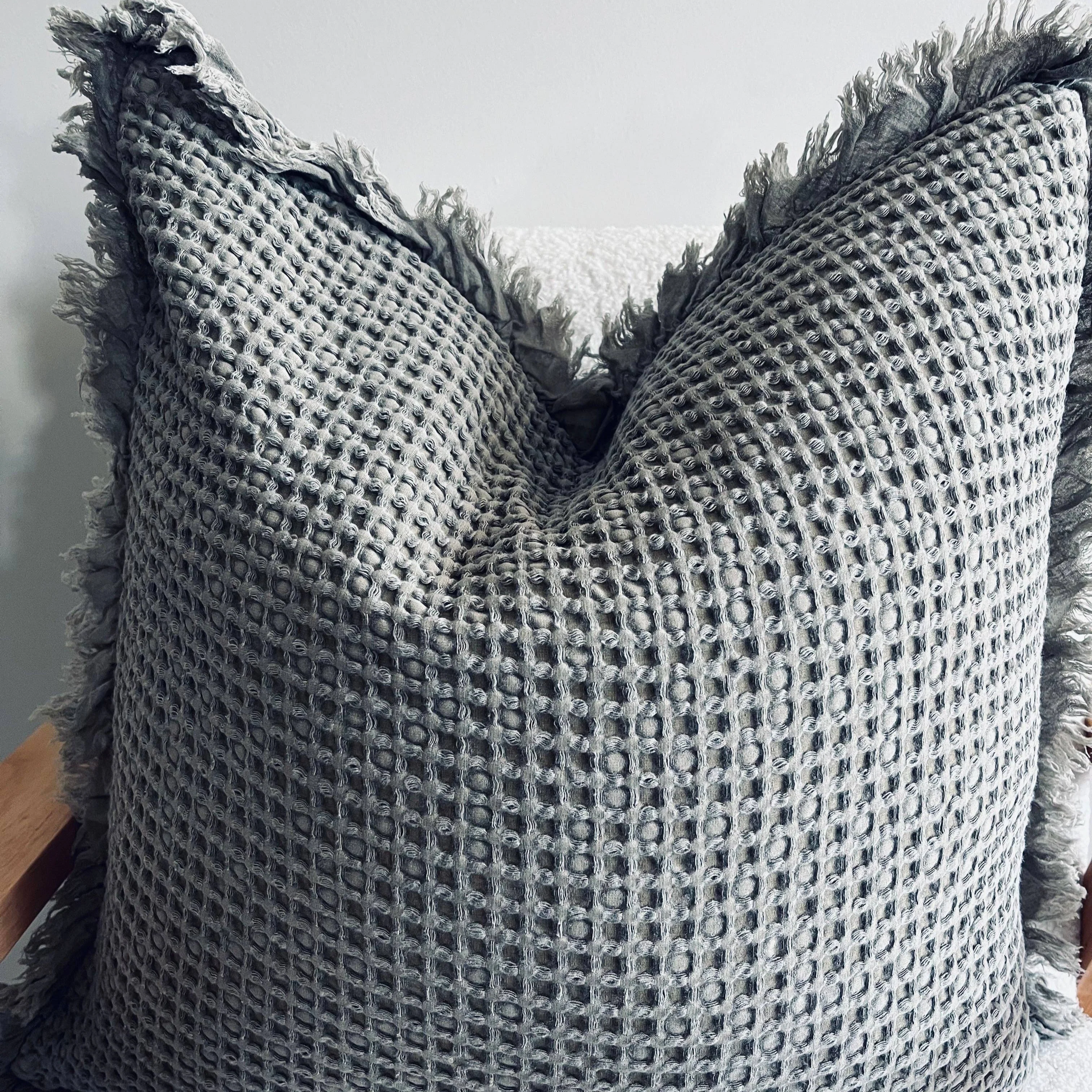 Organic Cotton Waffle Ruffle Cushion Cover - Khaki - 50x50 - Image 2