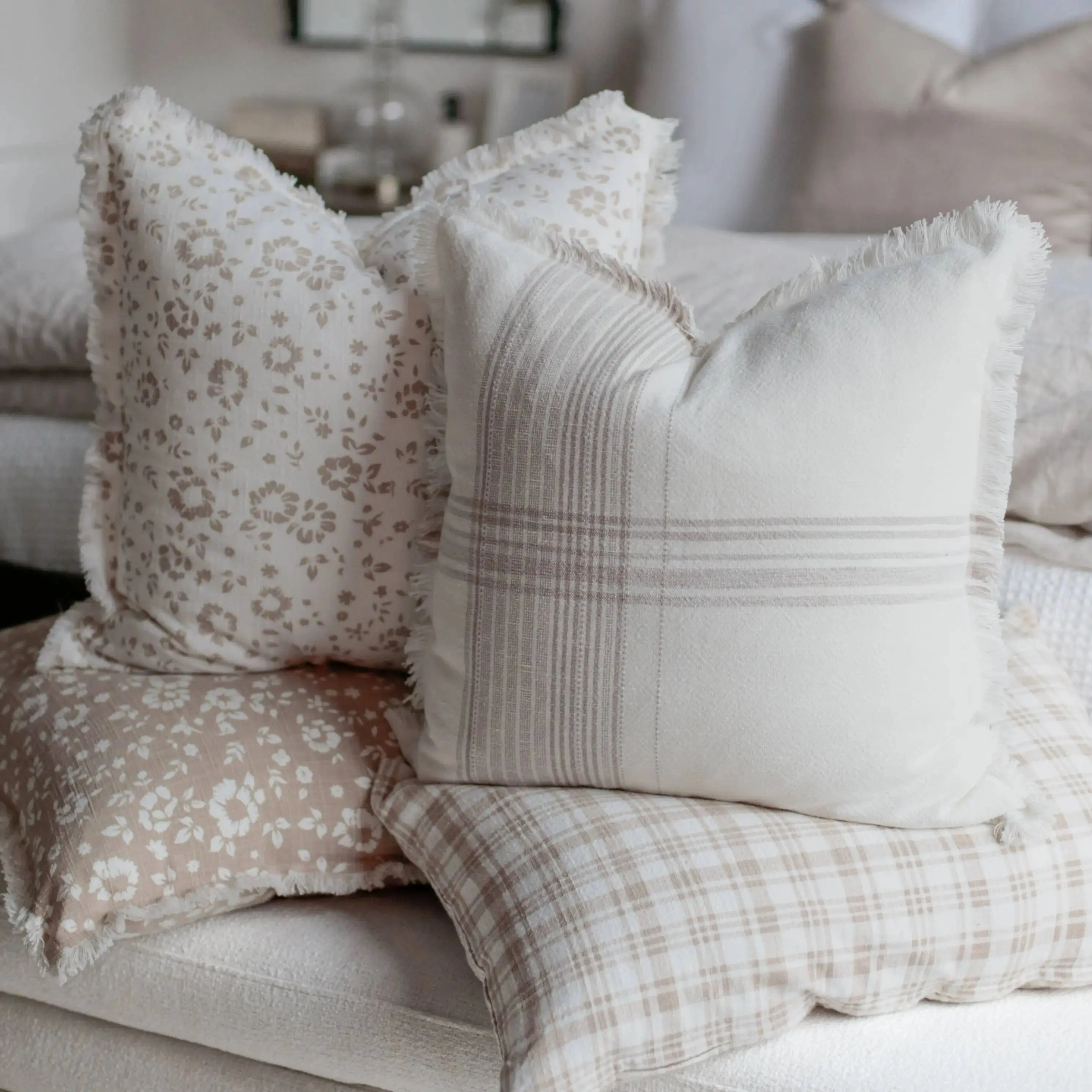 Plaid Fringe Pillow Cover Only | Fleur + Fray Collection – White with Brown Plaid - Image 2