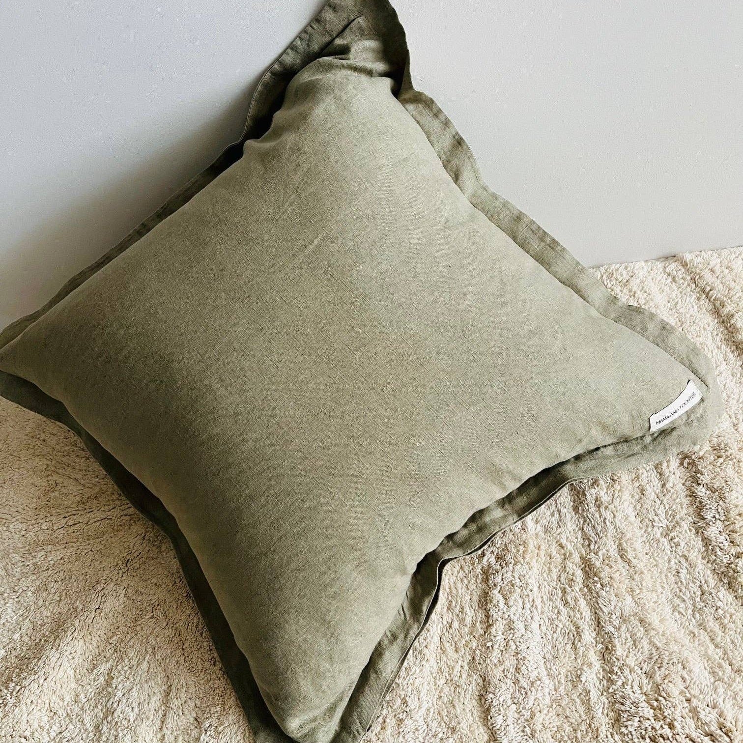 Pure French Linen Cushion Cover with Flange Detail - Army Green - 50x50