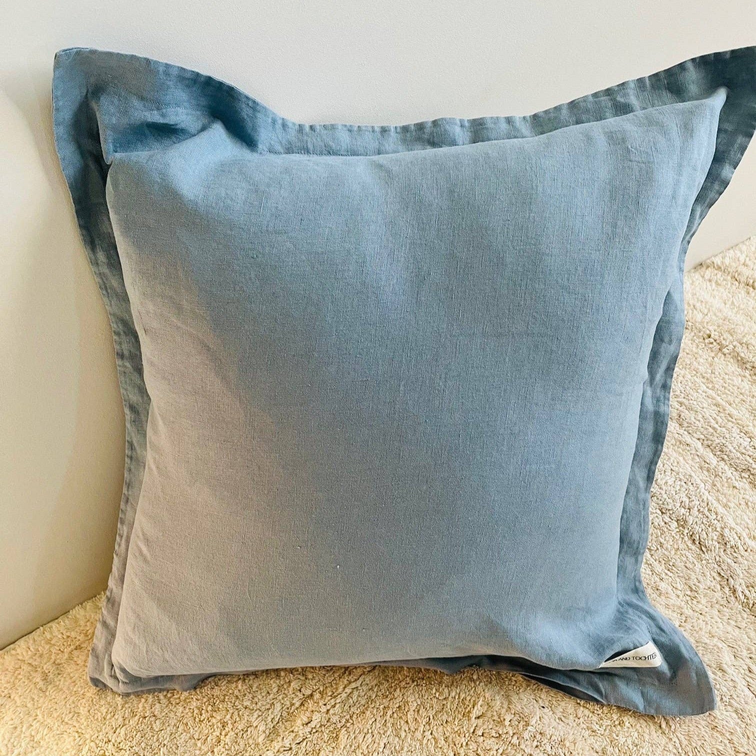 Pure French Linen Cushion Cover with Flange Detail - Stone Blue - 50x50