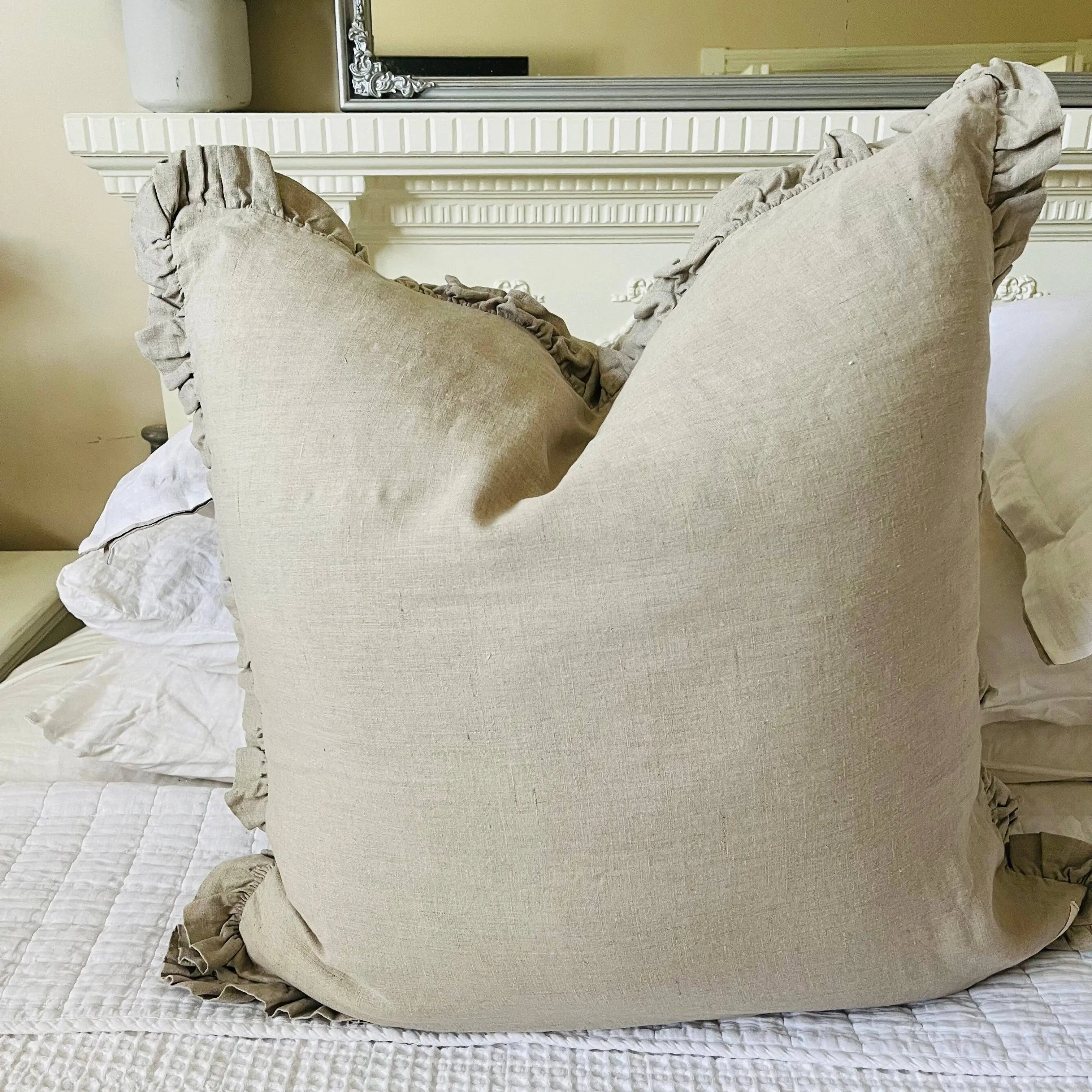 Natural Pure French Linen Euro Cushion Cover Only – Full Ruffled Edge 65 × 65cm