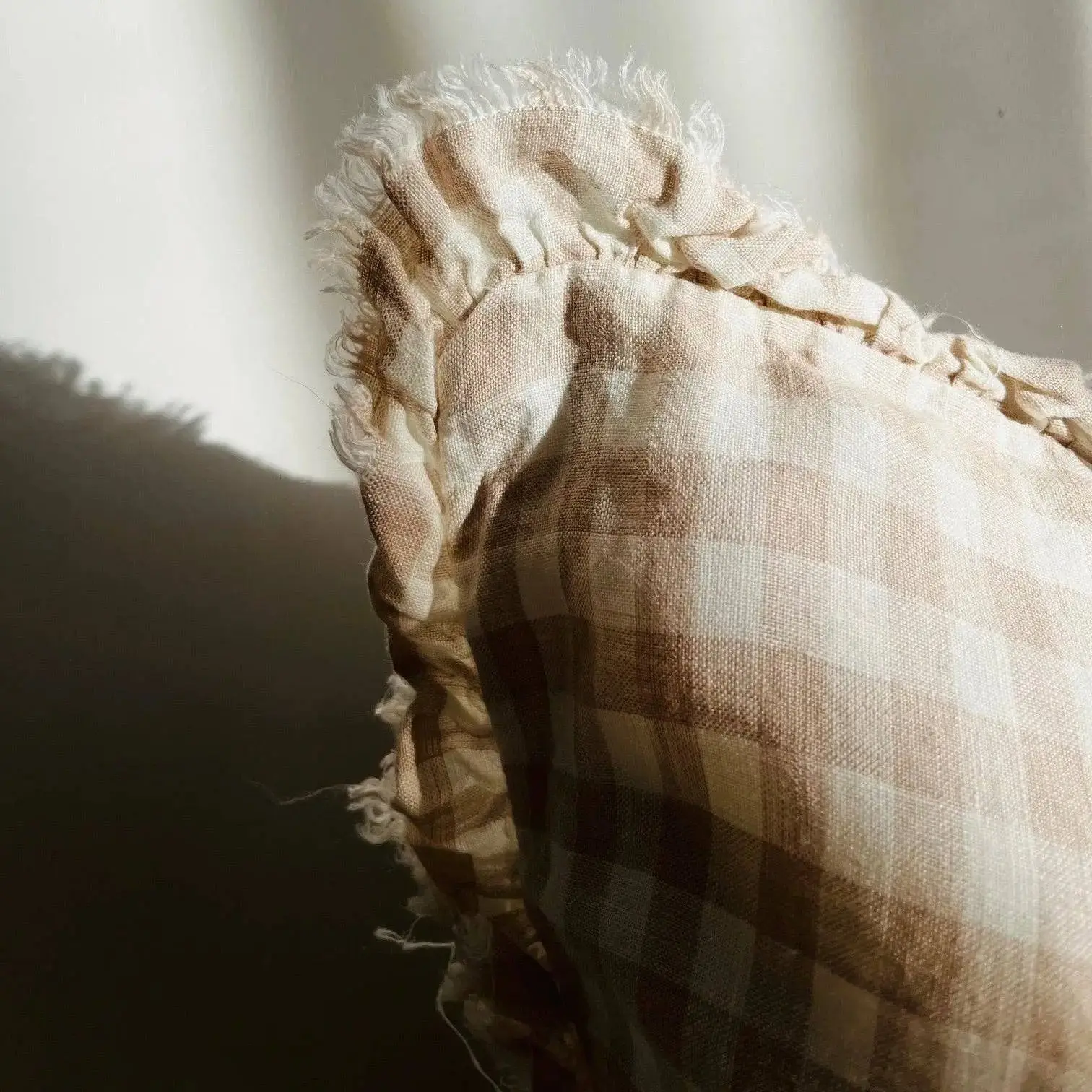 Pure French Linen Frayed Edge Ruffle Cushion Cover - Beige Gingham - 45x45 - Image 2