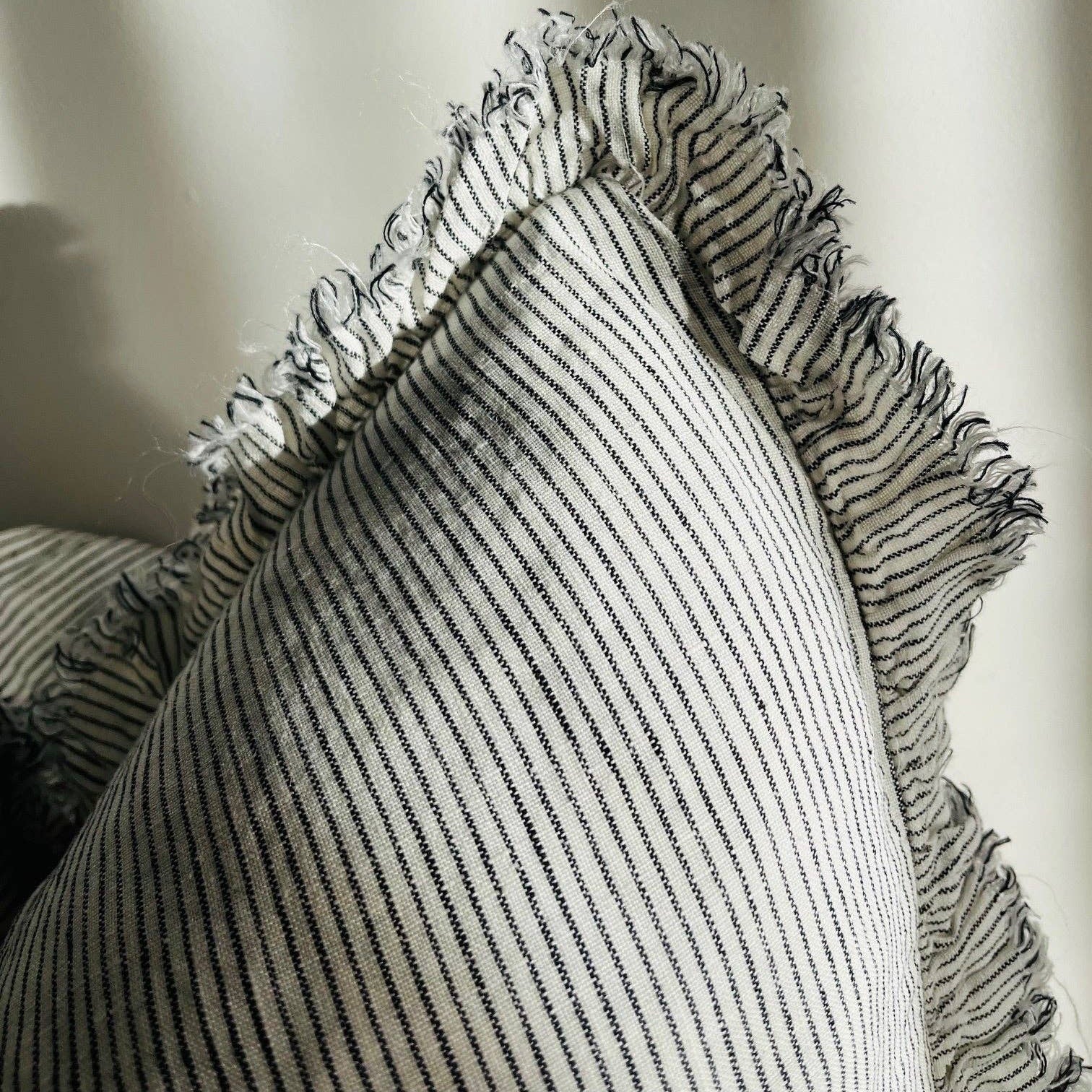 Pure French Linen Frayed Edge Ruffle Cushion Cover - Pinstripe - 45x45