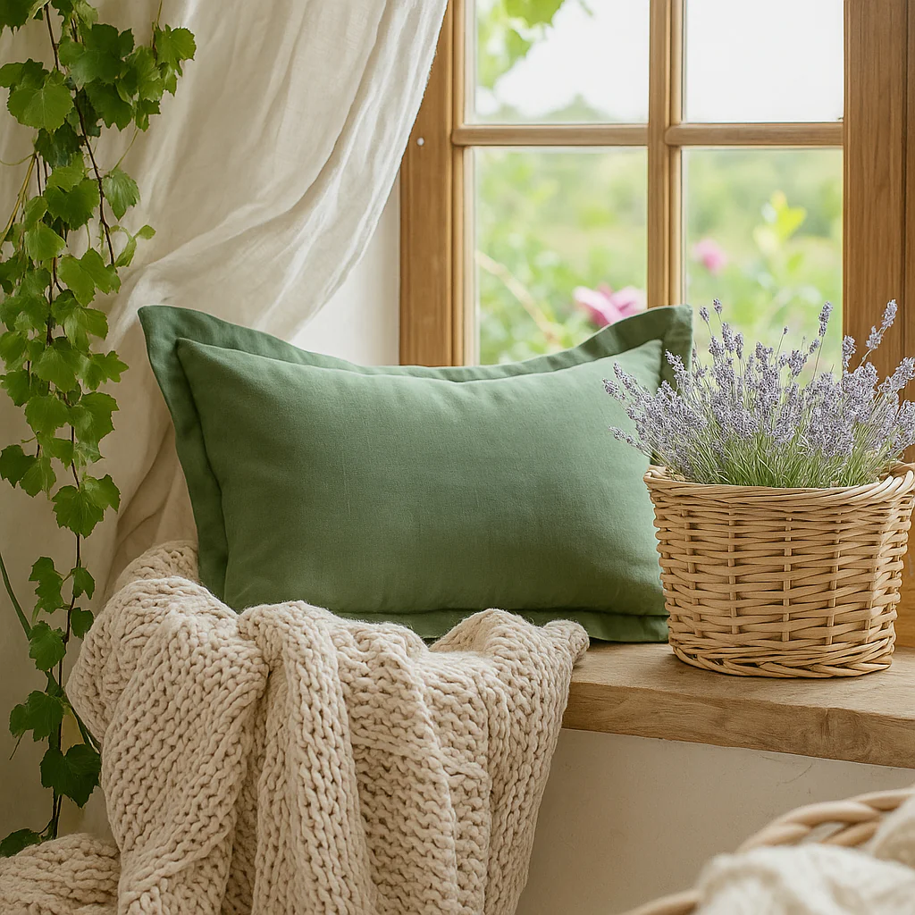 Pure French Linen Lumbar Cushion Cover with Flange Detail - Deep Sage - 30x50