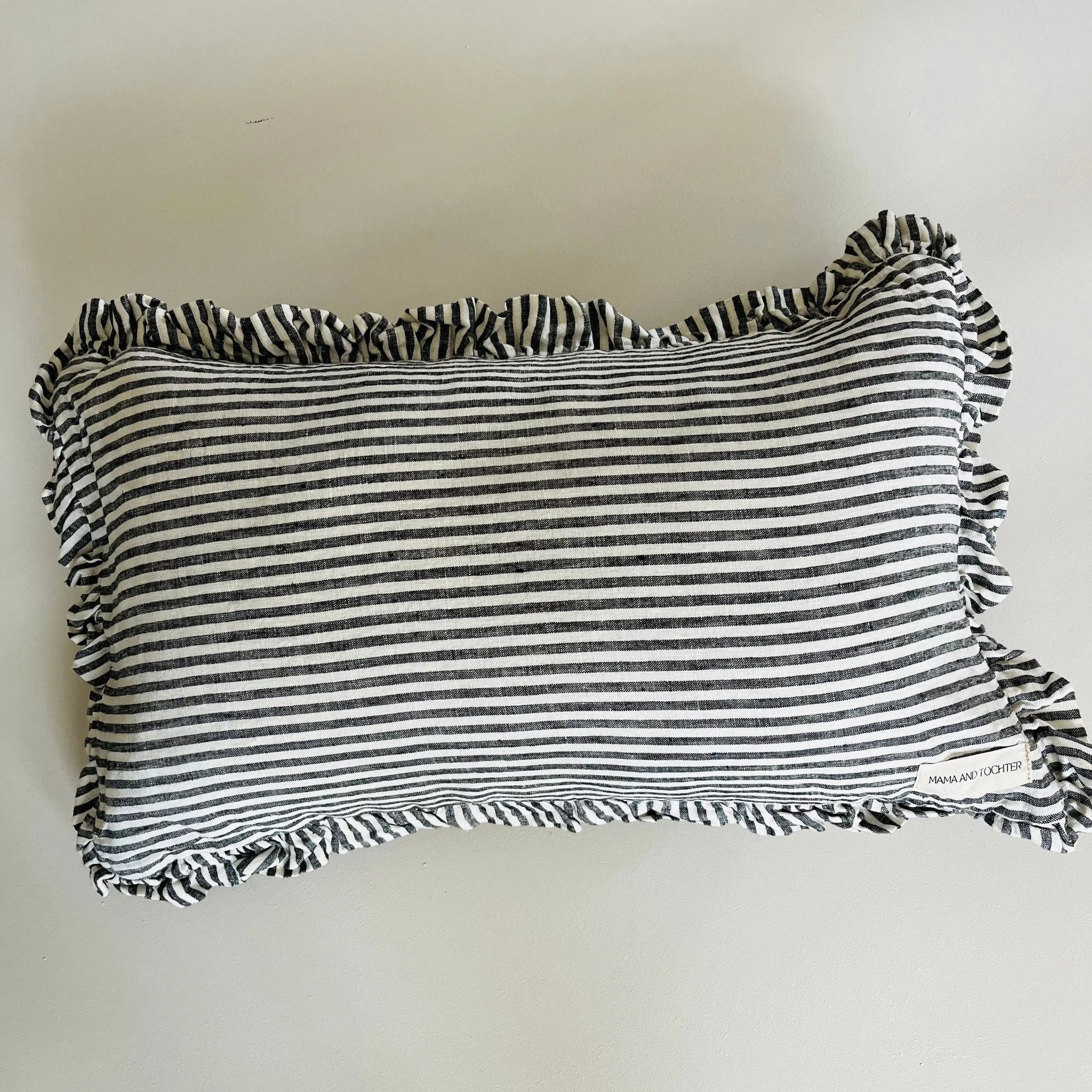 Pure French Linen Ruffle Lumbar Cushion Cover - Charcoal Pinstripes - 30x50