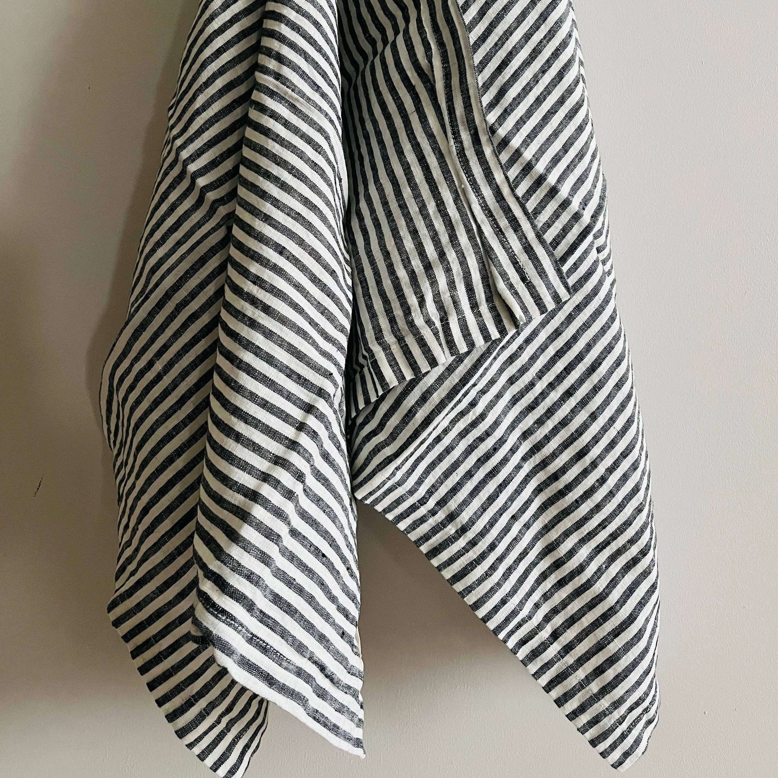 Pure French Linen Tea Towel - Charcoal Pinstripes - Image 2