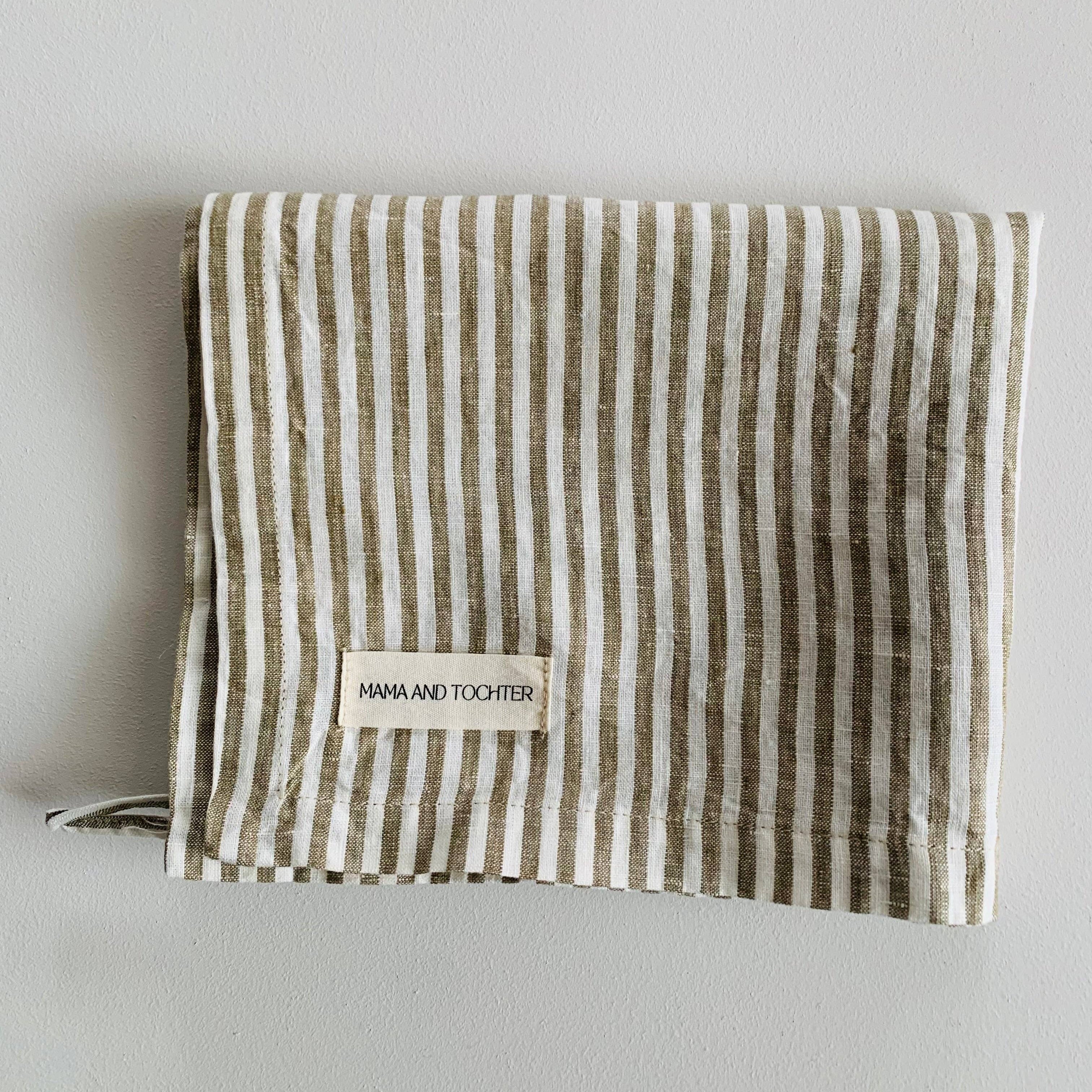 Pure French Linen Tea Towel - Olive Pinstripe