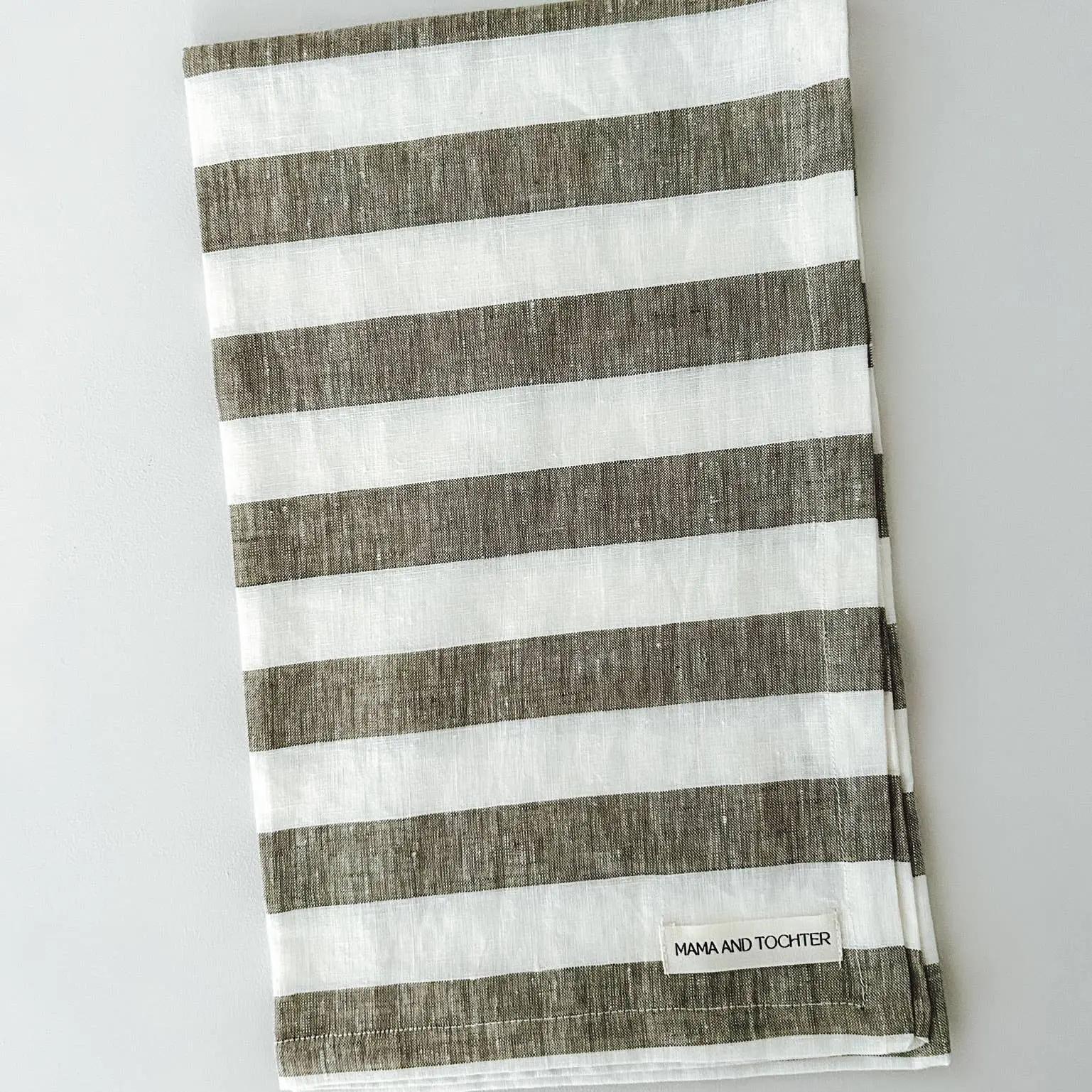 Pure French Linen Tea Towel - Wide Olive Stripe