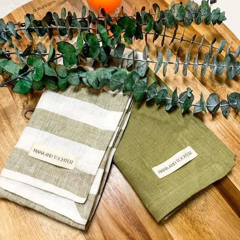 Pure French Linen Tea Towel - Wide Olive Stripe - Image 2