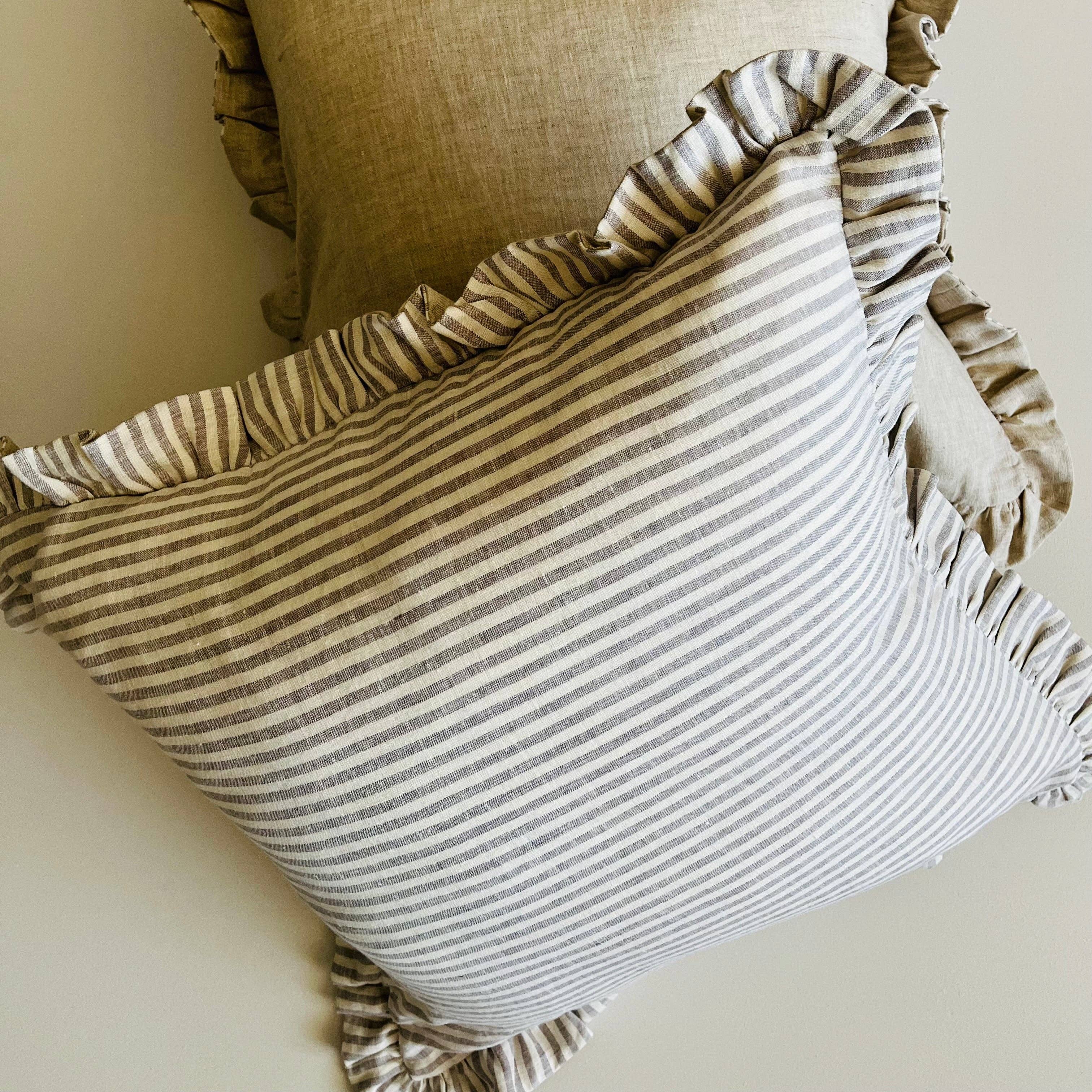 Pure Linen Reversible Ruffle Cushion Cover - Grey Stripe - Natural - 45x45 - Image 2
