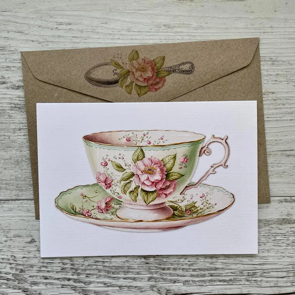 Vintage Teacup Blank Greeting Card – Light Green & Pink - Image 3
